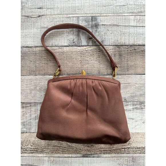 Vintage 1950s Morris Moskowitz Brown Satin Gold Hardware Purse Handbag Cocktail - Picture 1 of 11